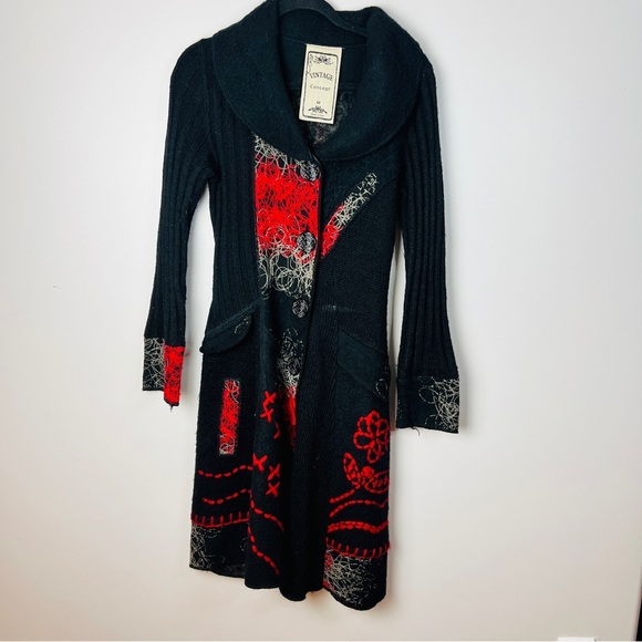 Vintage Concept Black Wool Blend Button Up Sweater Coat with Red Accents Women M - Picture 3 of 11